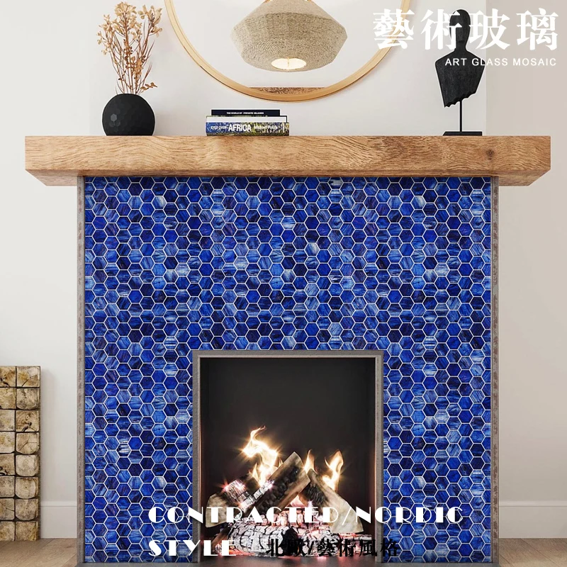 Eco-friendly Blue Crystal Glass Tile Mosaic Hexagon Backsplash For Kitchen Bathroom Shower Wall Hotel Project