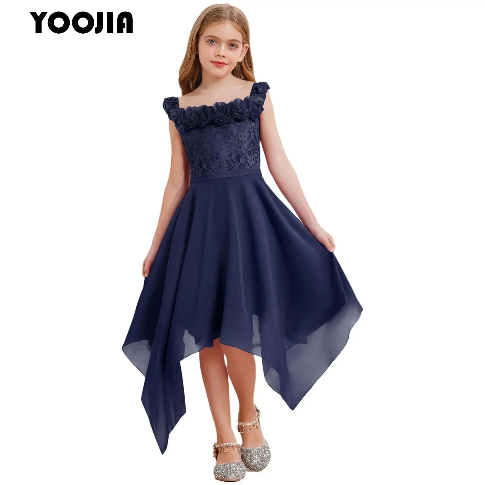

Kid Girls Chiffon Applique Party Dress Sleeveless Flower Embroidery Asymmetrical Hem Wedding Girls Princess Birthday Prom Gown