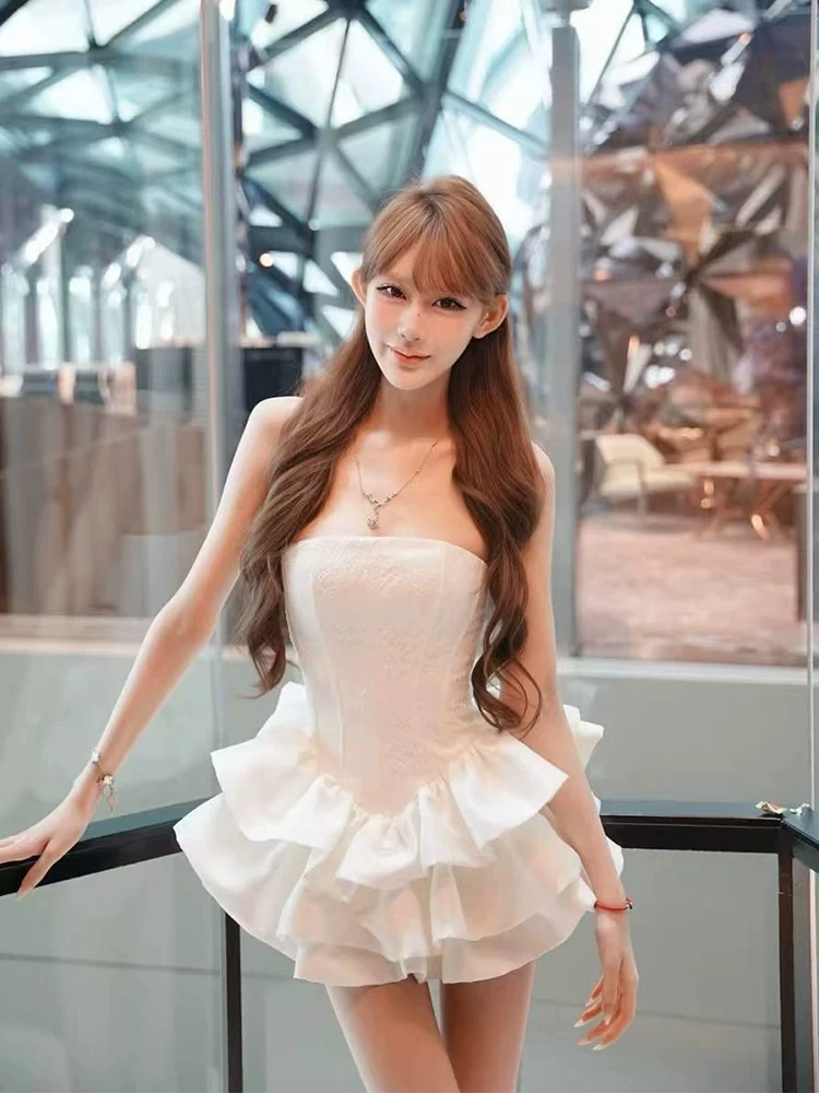 

XZY Summer Design Puffy Short White Bustier Waist Inward Women's plus Size Dress High Waist Backless Polyester Fiber Skirt