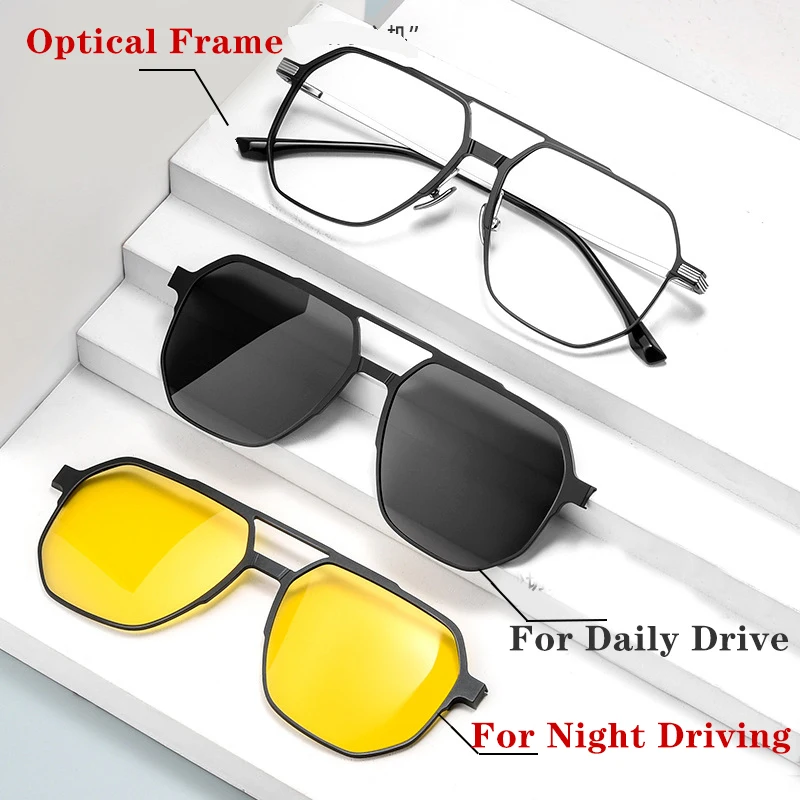 

Polarized Clips Frame 1 Set Eyeglasses Men Prescription Sun Glasses Titanium Optical Crystal Myopia Lenses Night Driving Eyewear