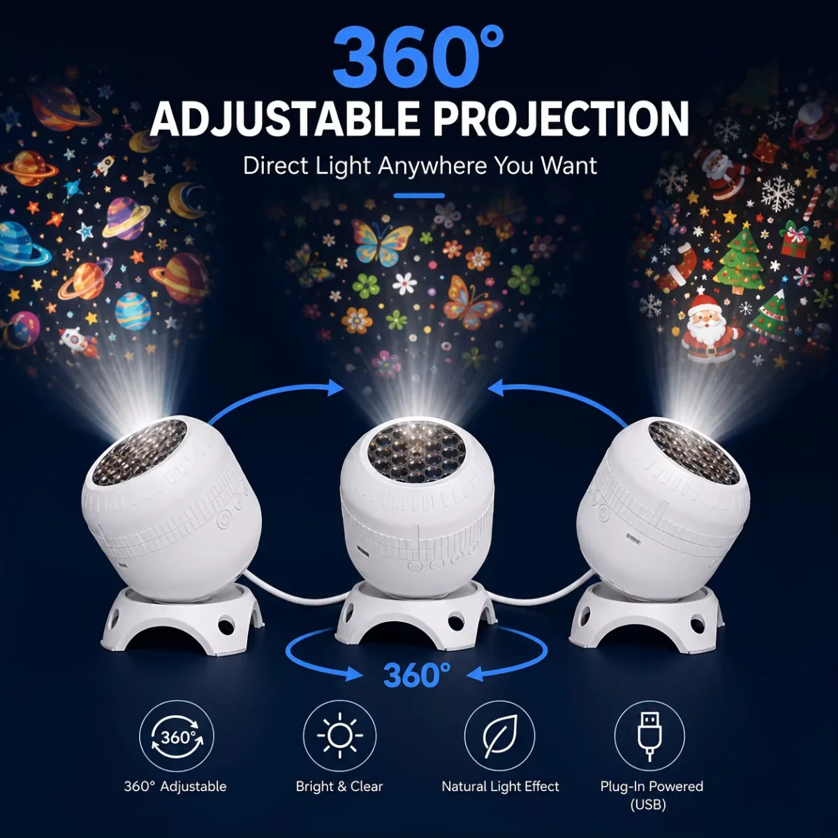 8 IN 1 Christmas Dynamic Projection Light USB Powered 360° Rotating Dynamic HD Projector for Bedroom Holiday Party Decor Gifts
