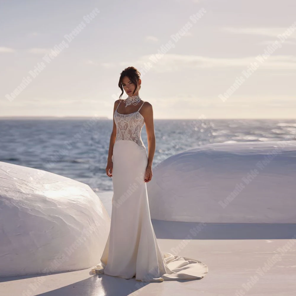 

Sexy Spaghetti Straps Women Wedding Dresses Exquisite Mermaid Satin Bridal Gowns Princess Mopping Length Party Gowns Customized