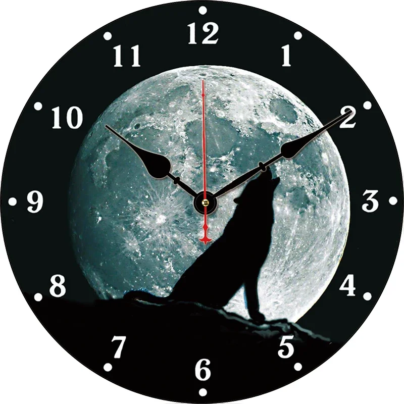 Moon Wolf Custom Clock Round Digital Wall Clock Large Silent Clock Family Lovers Friends Gifts Wall Home Bedroom Decorative