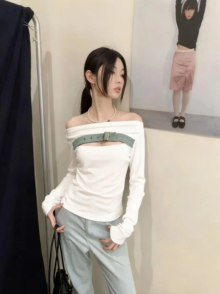 Mipao A-Line Shoulder Denim Slim Fit Long Sleeve Women's Base Shirt T-Shirt Spring Season Unique Design Sense Bottoming Top