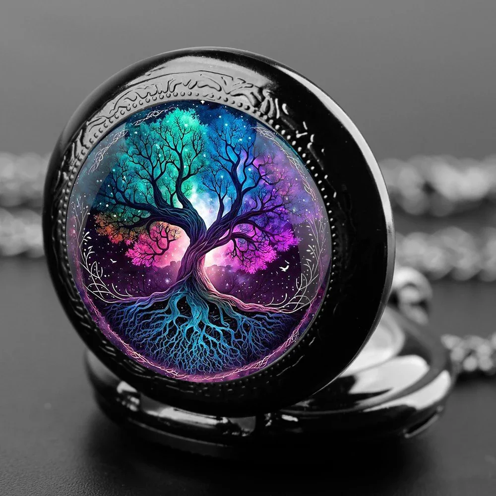 Magic Tree Glass Dome Quartz Pocket Watch With Durable Chain Arabic Numeral Dial Creative Gifts for Men Women