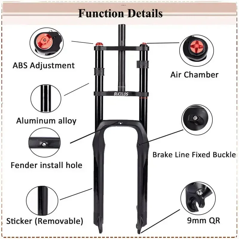 BUCKLOS Air Suspension Fork MTB 20in 26in Bike Fat Fork Bicycle Disc Brake 20*4.0 26*4.0 Fat Tire Fork for Snow Beach Bike Parts