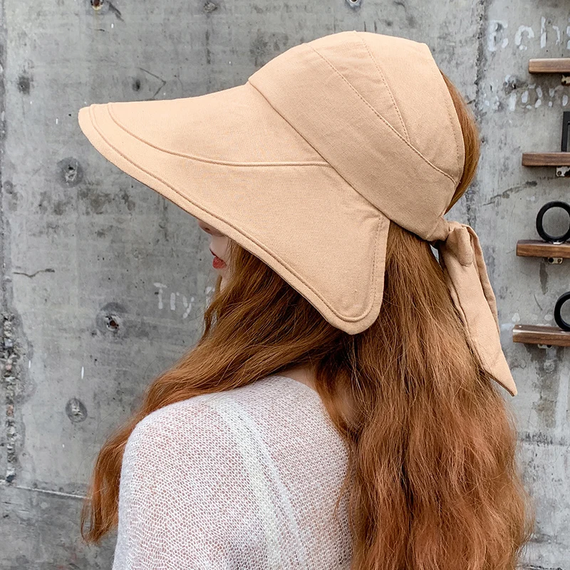 

Sun Hat Summer Women Ponytail Visor Wide Brim Uv Protection Bow Beach Hat Yellow Ladies Sunhat Ladies Hats Foldable Gorro