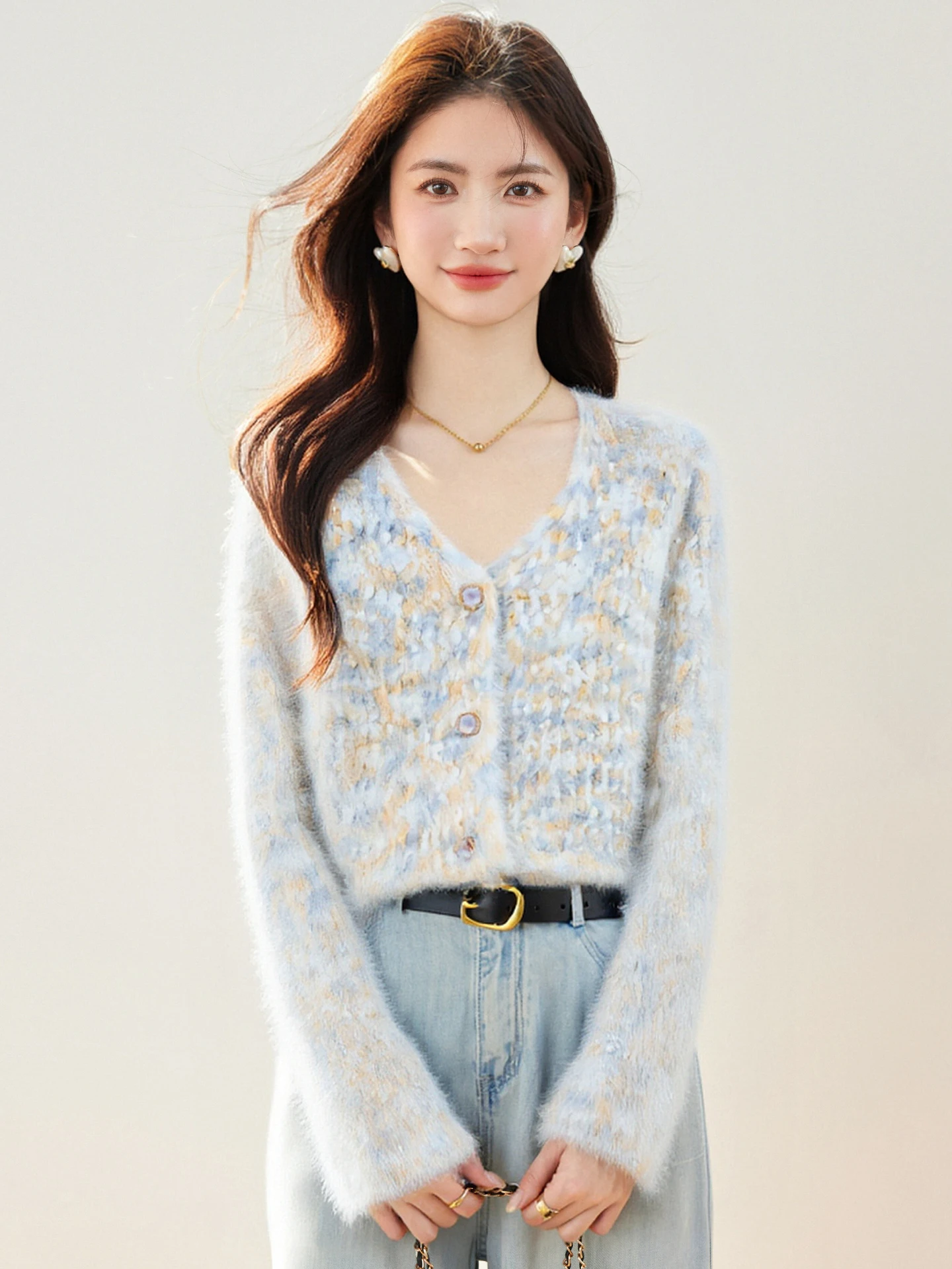 

Красочный мягкий и свободный свитер с v-образным вырезом для женщин, осень 202, корейский повседневный топ, кардиган