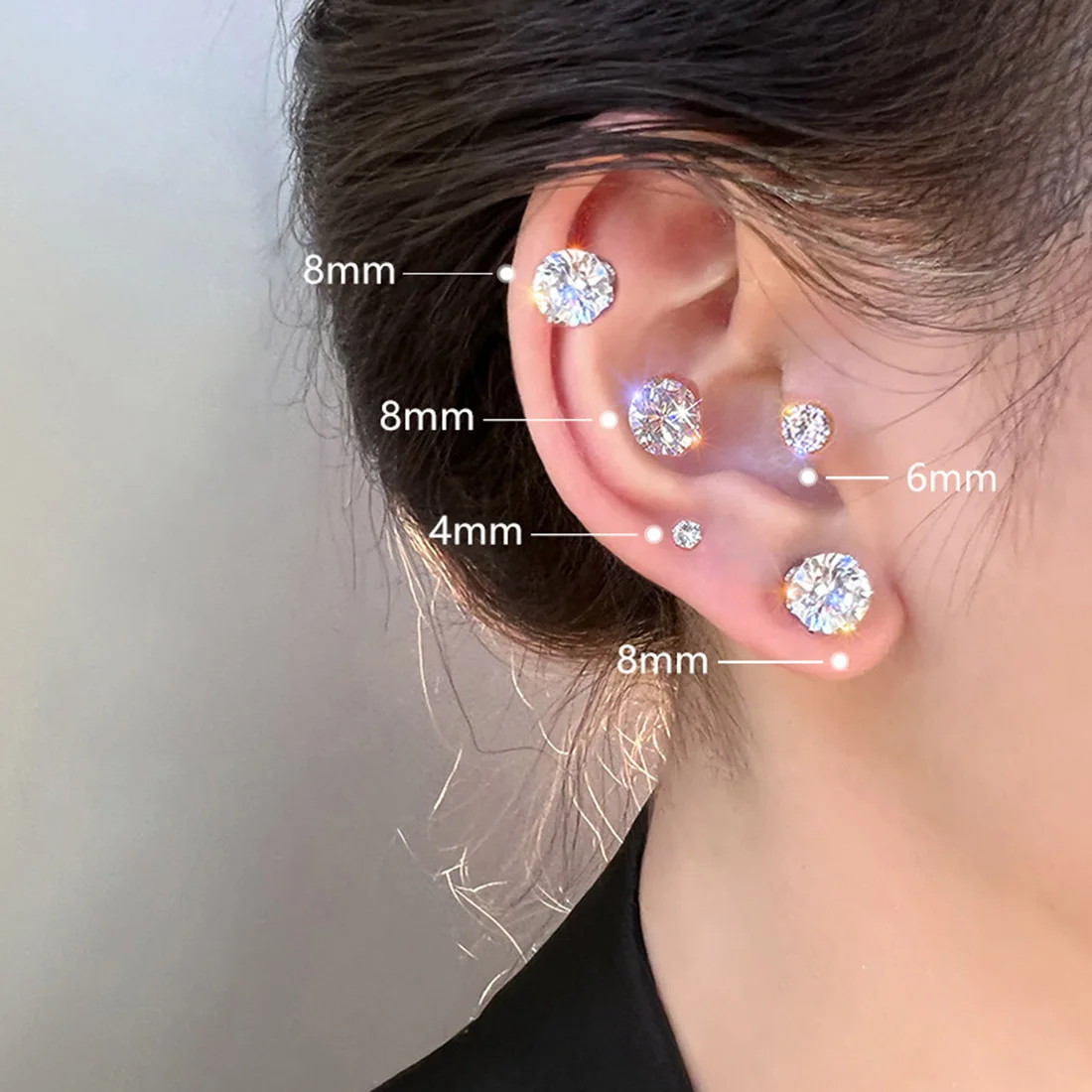 6/12 Pair Mixed Size White Color Cubic Zircon Stud Earrings Set Shine Crystal Ear Studs for Men Women Punk Party Jewelry