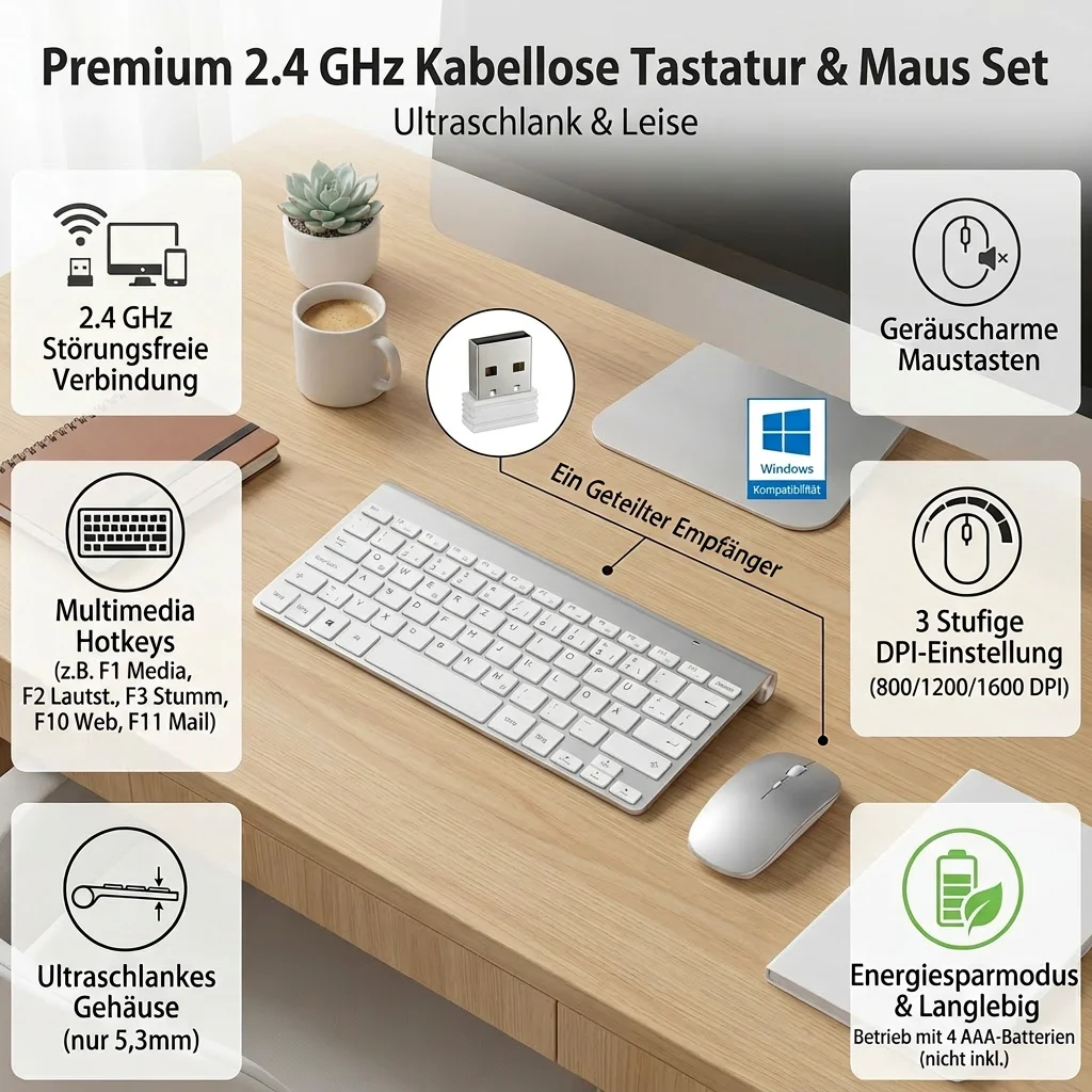 2.4G Wireless German(QWERTZ) Keyboard Mouse Ultra Slim Multimedia Keyboard Mouse Combo Low Noise for Laptop Desktop Windows