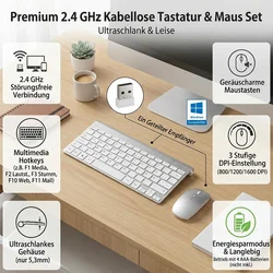 2.4G Wireless German(QWERTZ) Keyboard Mouse Ultra Slim Multimedia Keyboard Mouse Combo Low Noise for Laptop Desktop Windows