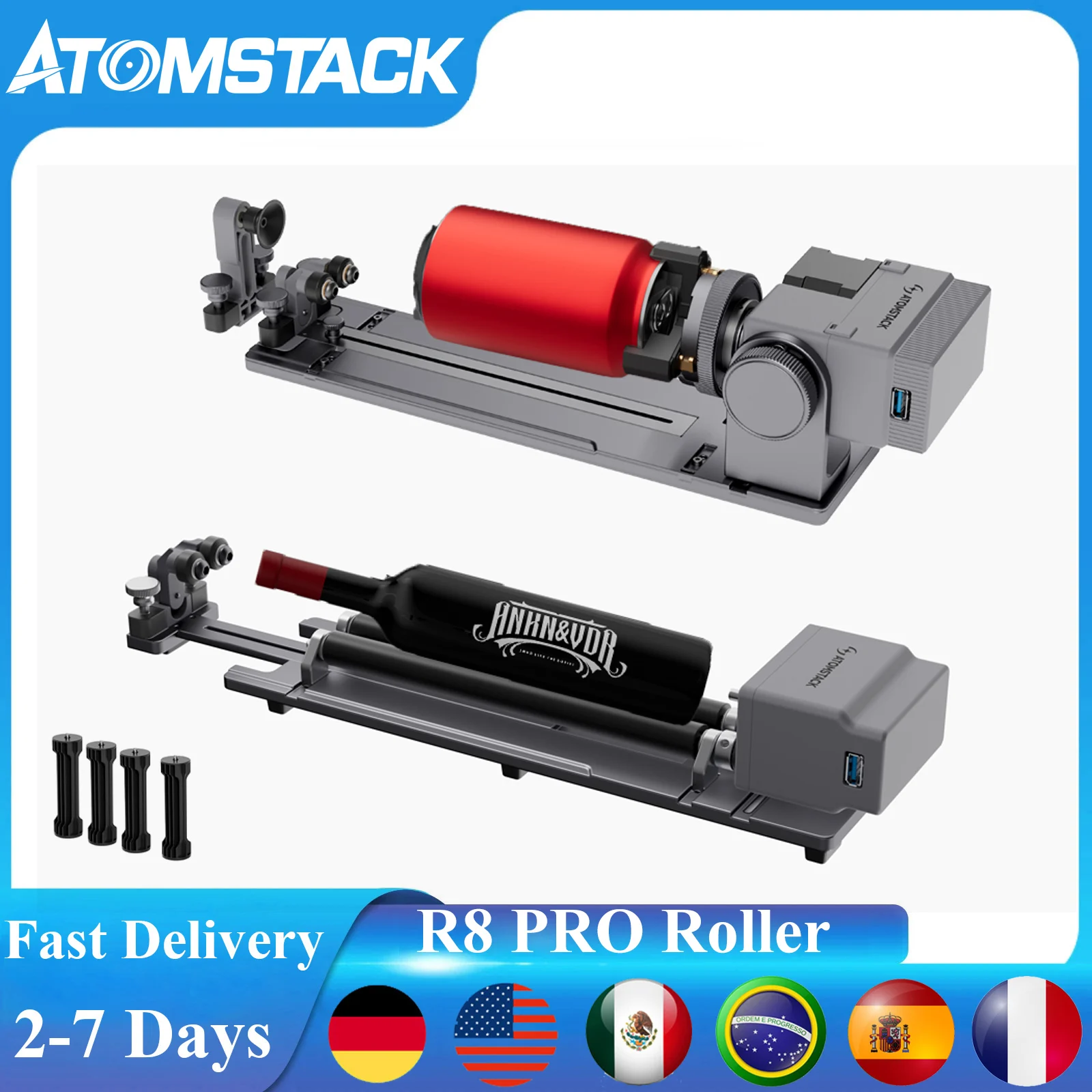 ​​ATOMSTACK R8 PRO Laser Rotary Roller Jaw Chuck for Engraving Cylindrical Objects Wine Glasses Baseball Ring For P1 Engraver