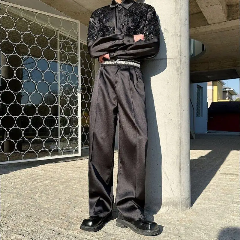 

Faionable Pearl And Diamond Embellied Casual Men's Straight Leg Pants Draped Ele Sle Leisure Trousers for Youth