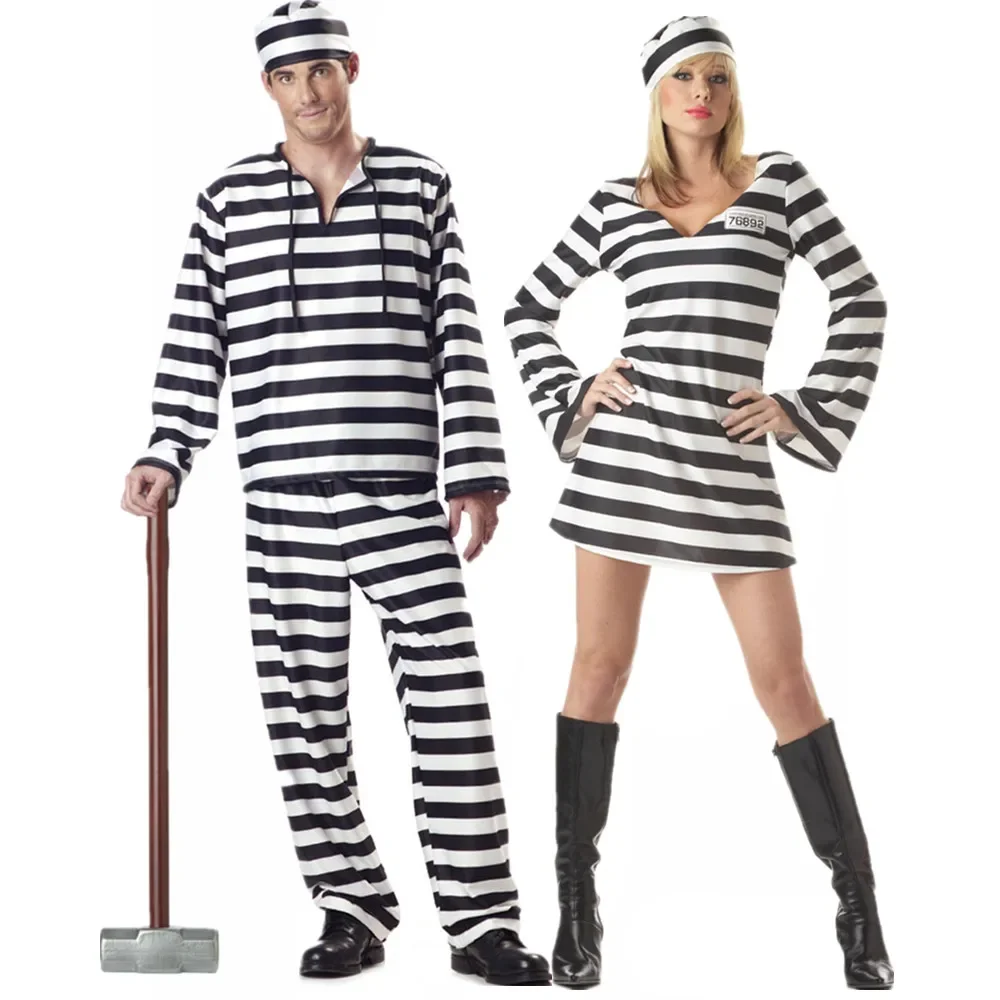 Prisoner Costume for Couples Black White Stripe Violent Jailbird Inmate Cosplay Carnival Halloween Party Fancy Dress