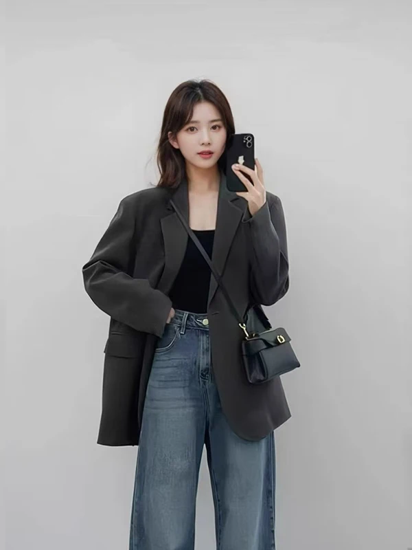 Gray Oversize Shoulder Pad Suit Jacket Women's Casual Loose Fit Spring Autumn High-End Style Polyester Fiber Long Sleeve
