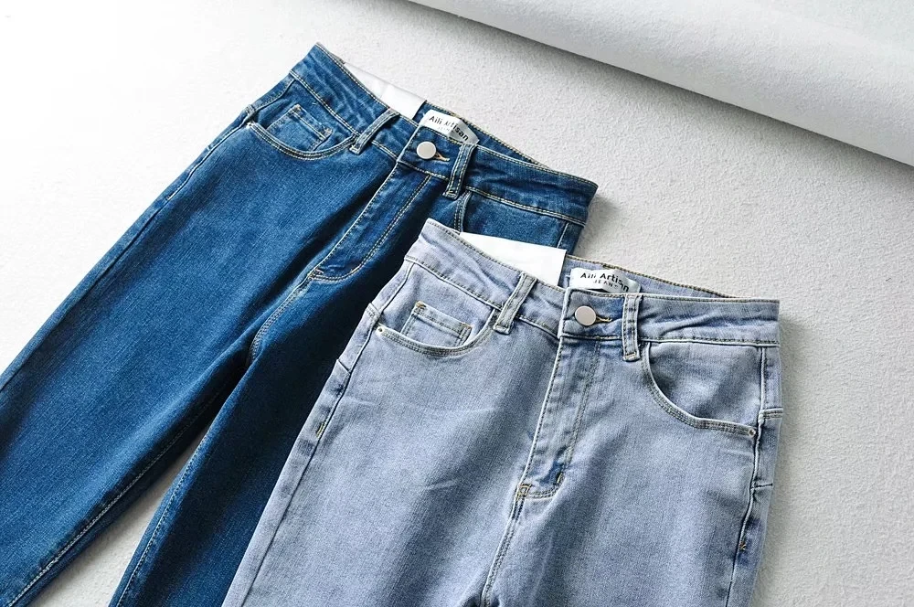 Withered vintage AA Style High Waist Supper Skinny Jeans Women England Style Washed Blue Push Up Pencil Jeans Women
