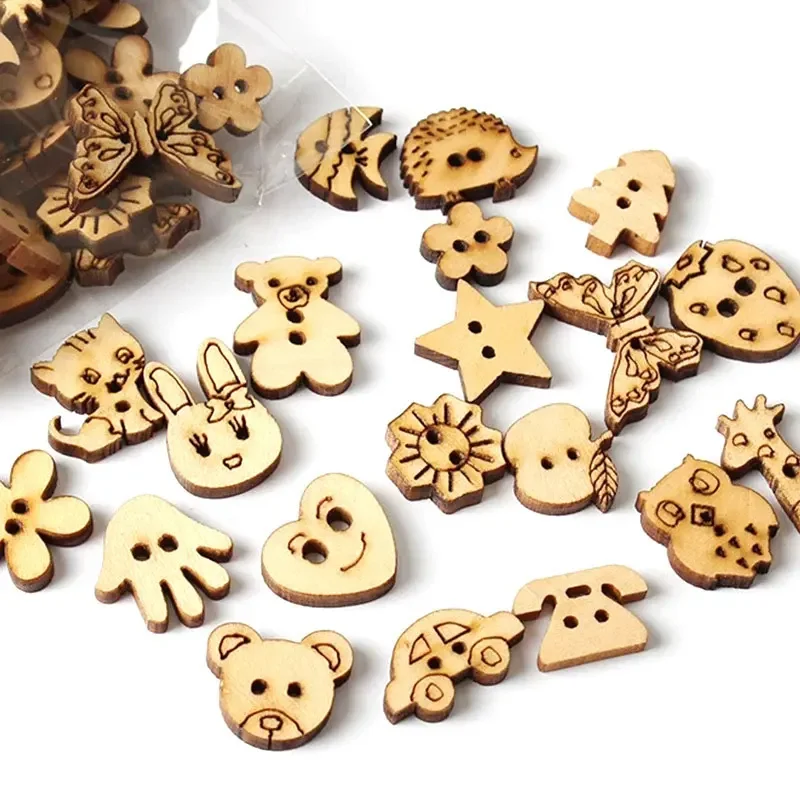 100Pcs Cartoon Wooden Buttons Sewing Buttons DIY Decorative Buttons for Handmade Sewing DIY Crafts Baby Clothes