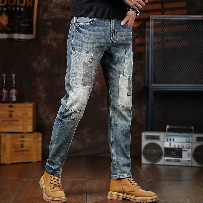 

Высококачественные американские мужские джинсы, ретро ностальгическое синее лоскутное шитье, персонализированные и классные брюки.