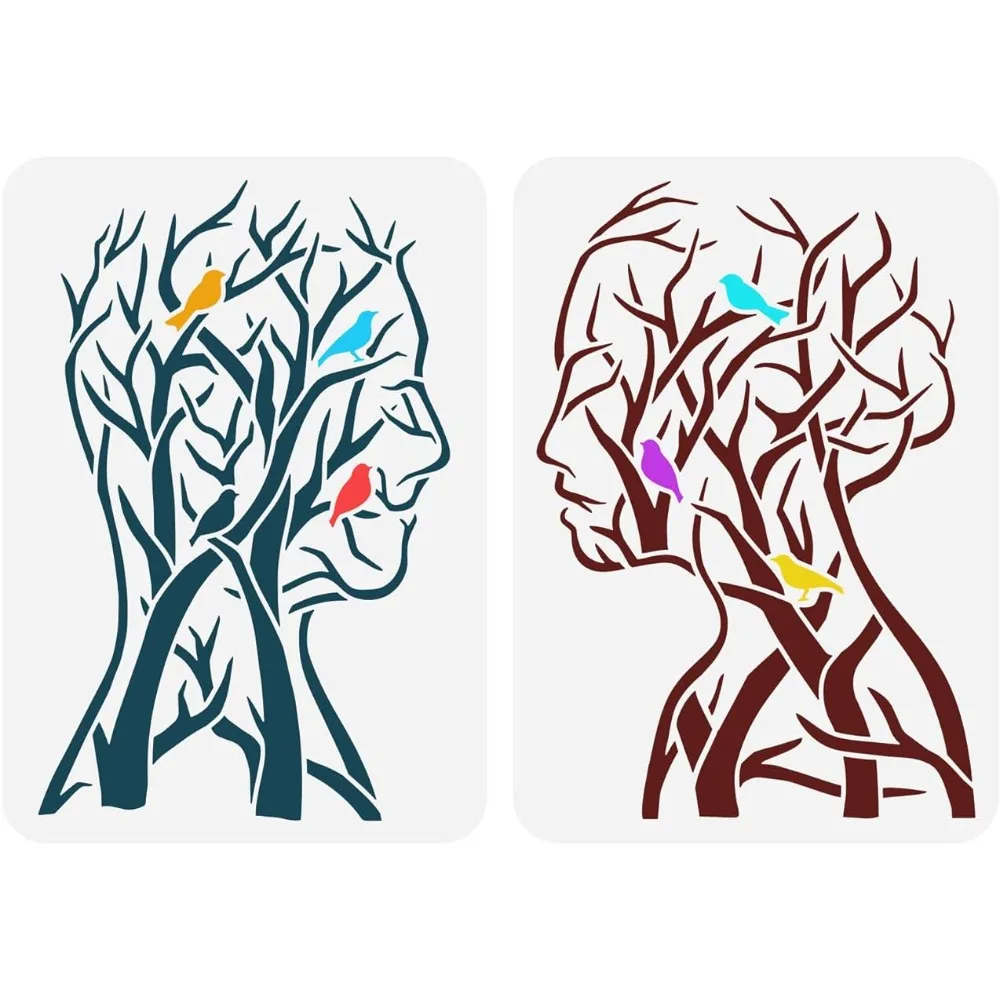 2PCS Tree of Life Stencil 11.7x8.3 inch Man Woman Painting Stencil Branch Bird Craft Stencils Human Shape Tree Stencil Template