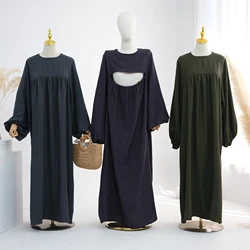 Relaxed Regular Fit Muslim Women's Thin Twill Breastfeeding Abaya Dress-Zipper on Chest, Lantern Sleeves. Islamic Nursing Wear