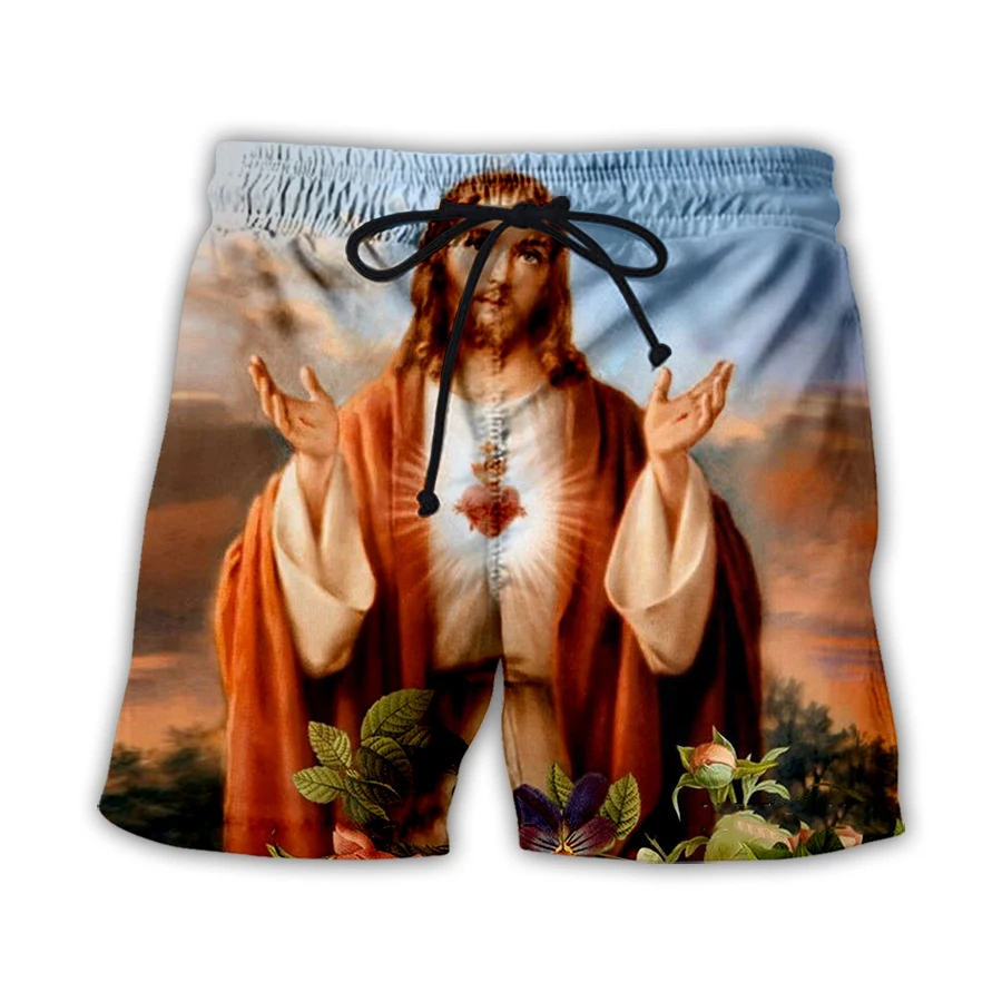 Fashion Jesus Christ 3D Print Hawaiian Beach Shorts Summer Men\'s Oversized Surfing Board Shorts Swimwear Trunks Kids Clothing