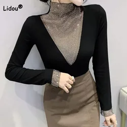 Sexy Slim Women's Diamonds Hollow Out Tops 2023 Autumn Fashion Korean Solid Color Spliced Turtleneck T-shirt Female Clothing