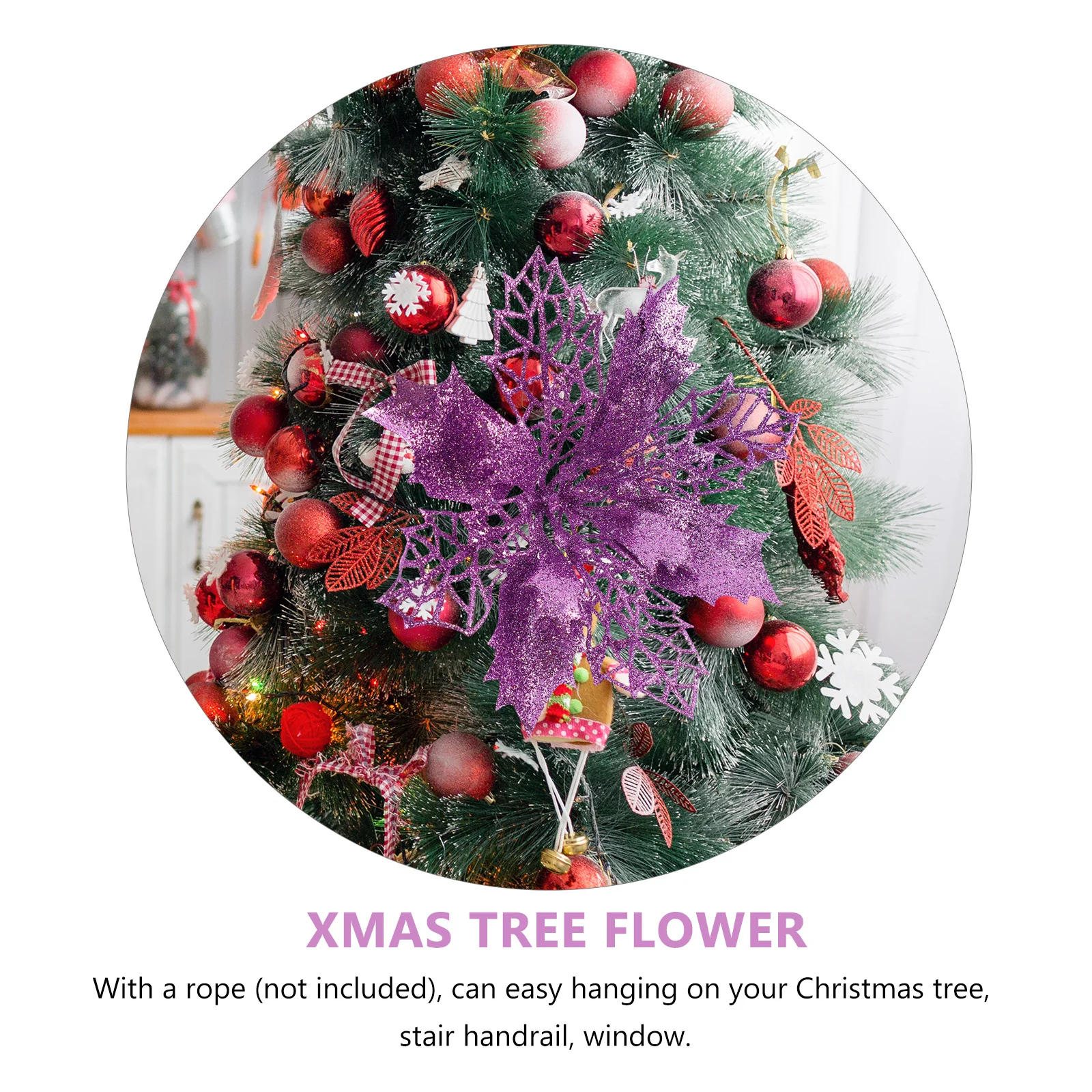 

12pcs Christmas Tree Flowers Purple Glitter Fake Flower For Xmas Decor Party Flower Supply Simulated Hollow Decoration