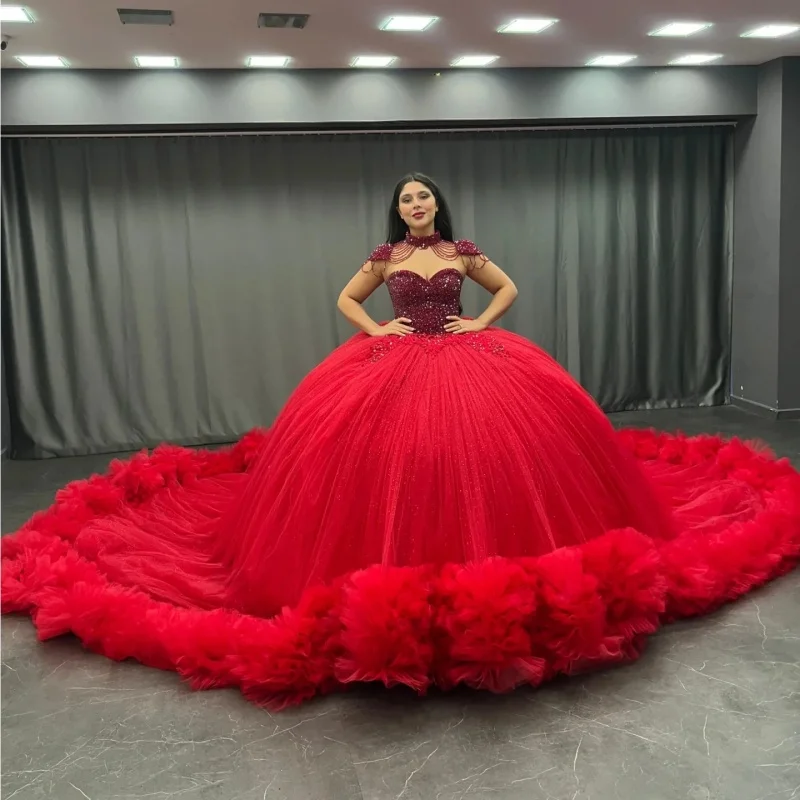 

Customized Red Quinceanera Dresses Off the Shoulder crystal Sequin decal Lace layering Long tail Vestido 15 Quinceanera