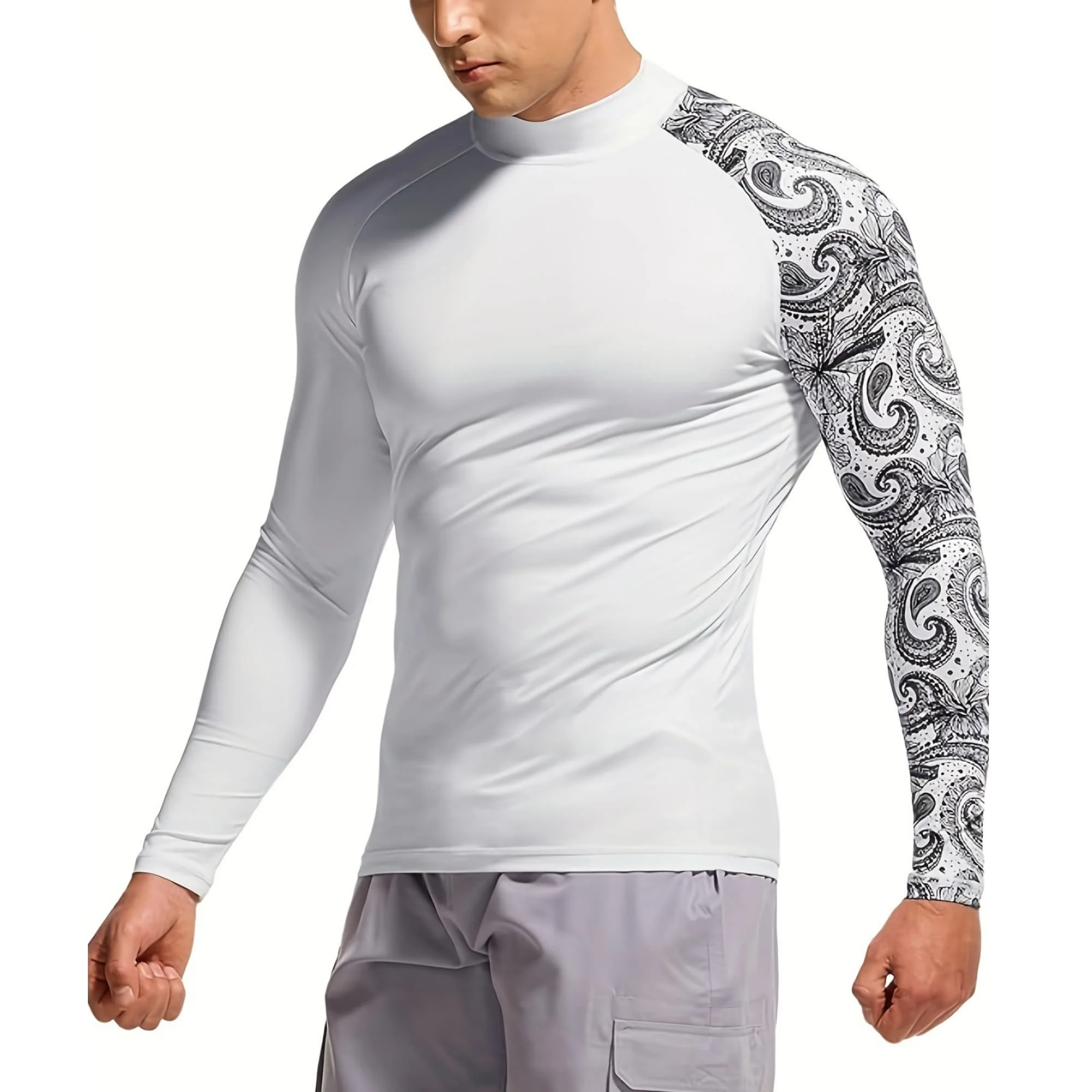 Vintage Paisley Tattoo Graphic Raglan Sleeve Rash Guard Men Elastic Outdoor Water Sports UV Protection Shirts