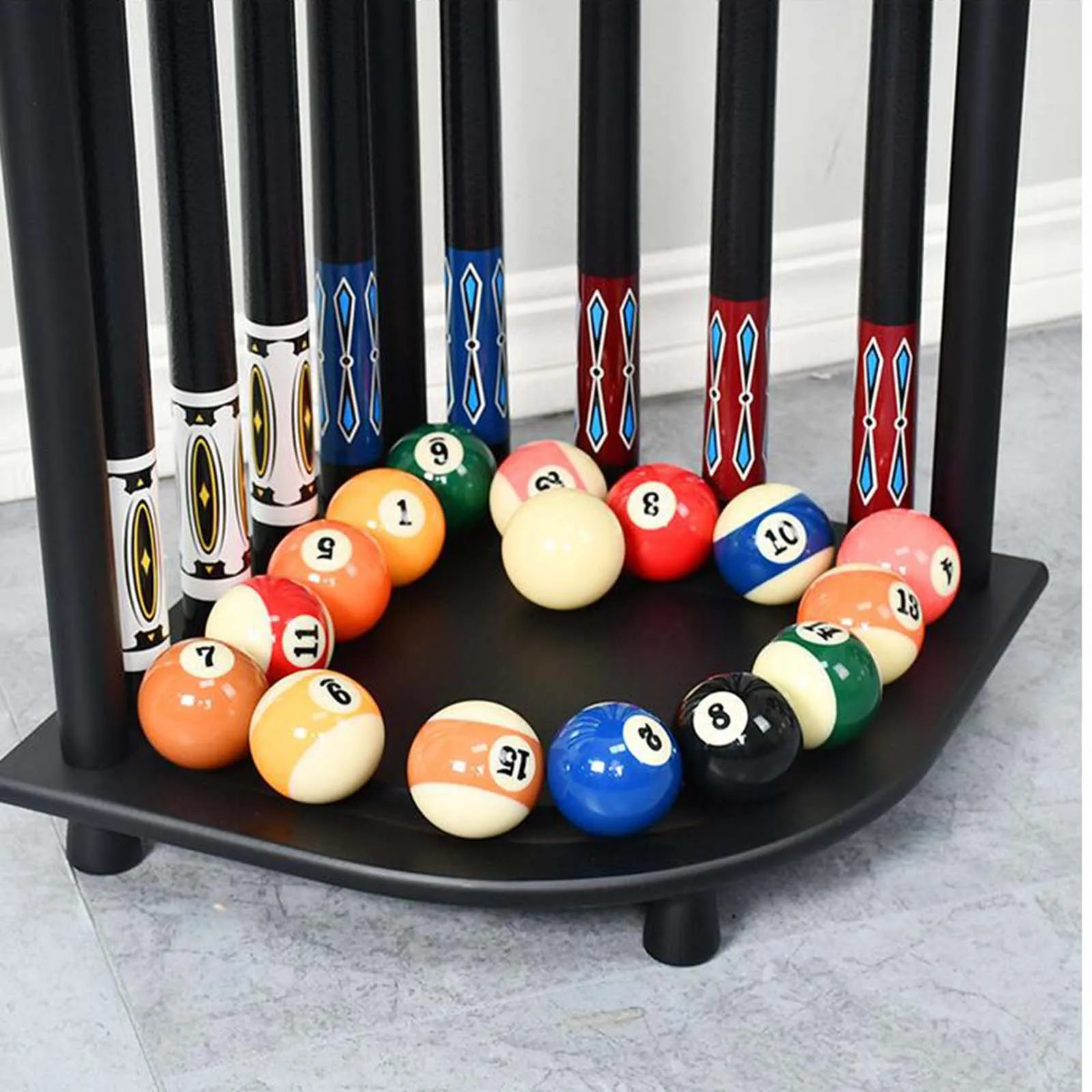 Pool Stick Holder Wood Table Holds 8 Sticks Free Standing Floor Stand with Drink Holder Billiard Room Club Billiards Accessories