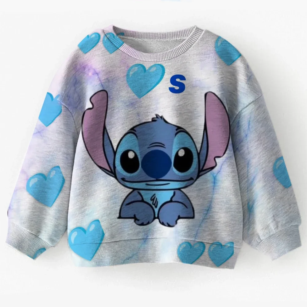 

Милый свитшот DisneyLilo & Stitch для маленьких девочек, осенняя одежда, свободная повседневная толстовка с рисунком, пуловер с круглым вырезом, топы, детская ткань