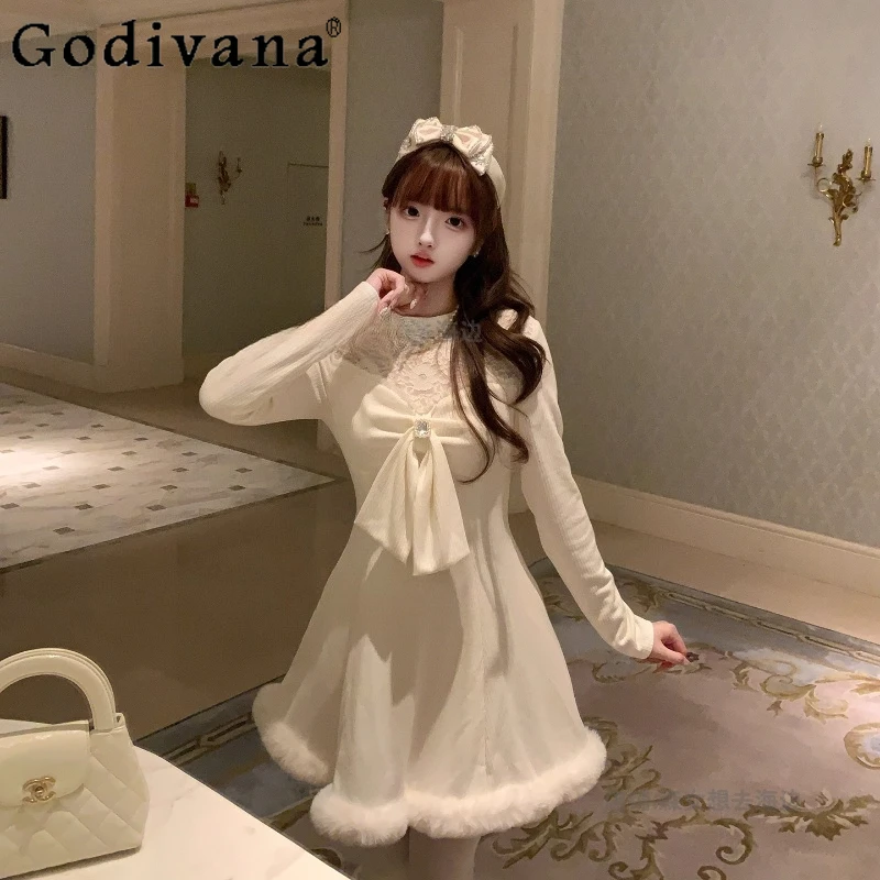 

Autumn Winter Girl Fluffy Slim Fit Dress Gentle Japanese Style Sweet High Street Dress Women's Princess White Lace Sexy Dress