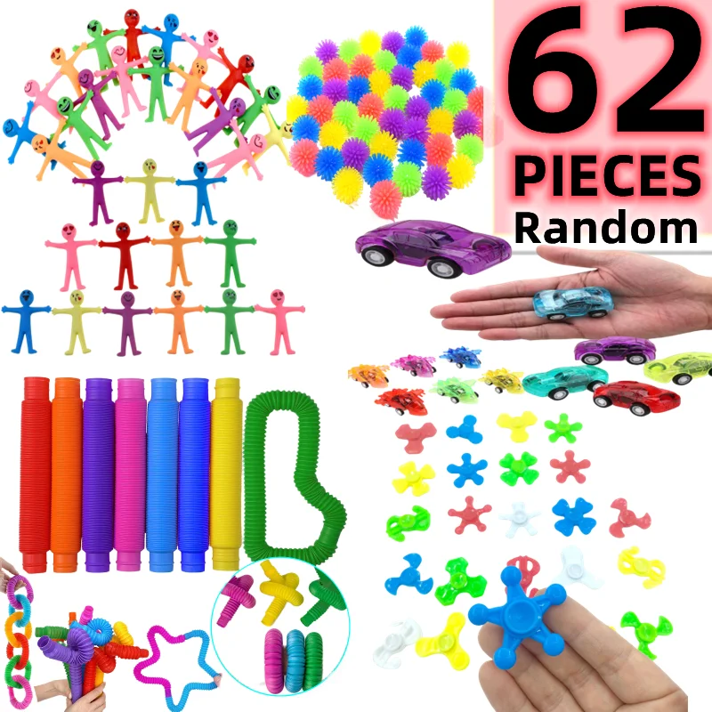 62Pcs Mini Aircraft Car Decompression Toy Plastic Gyroscope Massage Ball Children\'s Fun Christmas Halloween Gift School Reward