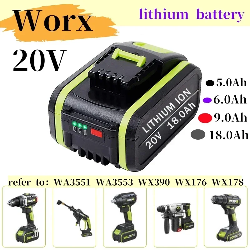 

2024 Screwdriver Worx 20V18000mAh electric tool battery WA3551 WA3553 WX390 WX176 WX178 lithium rechargeable alternative battery