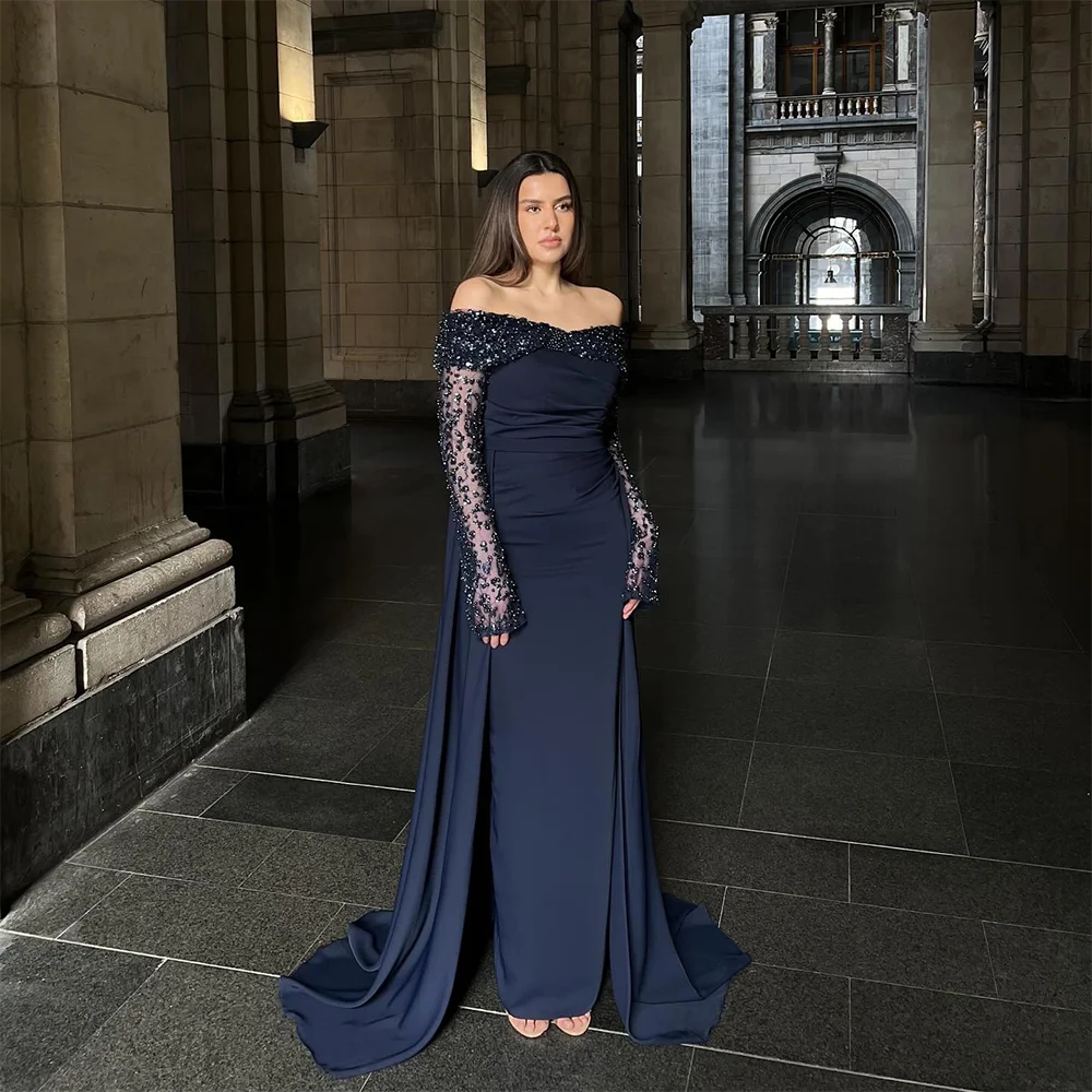 Navy Modest Evening Dress Customized Off The Shoulder Sequin Bead Long Sleeves Luxurious Evening Gowns for Women Formal Dress