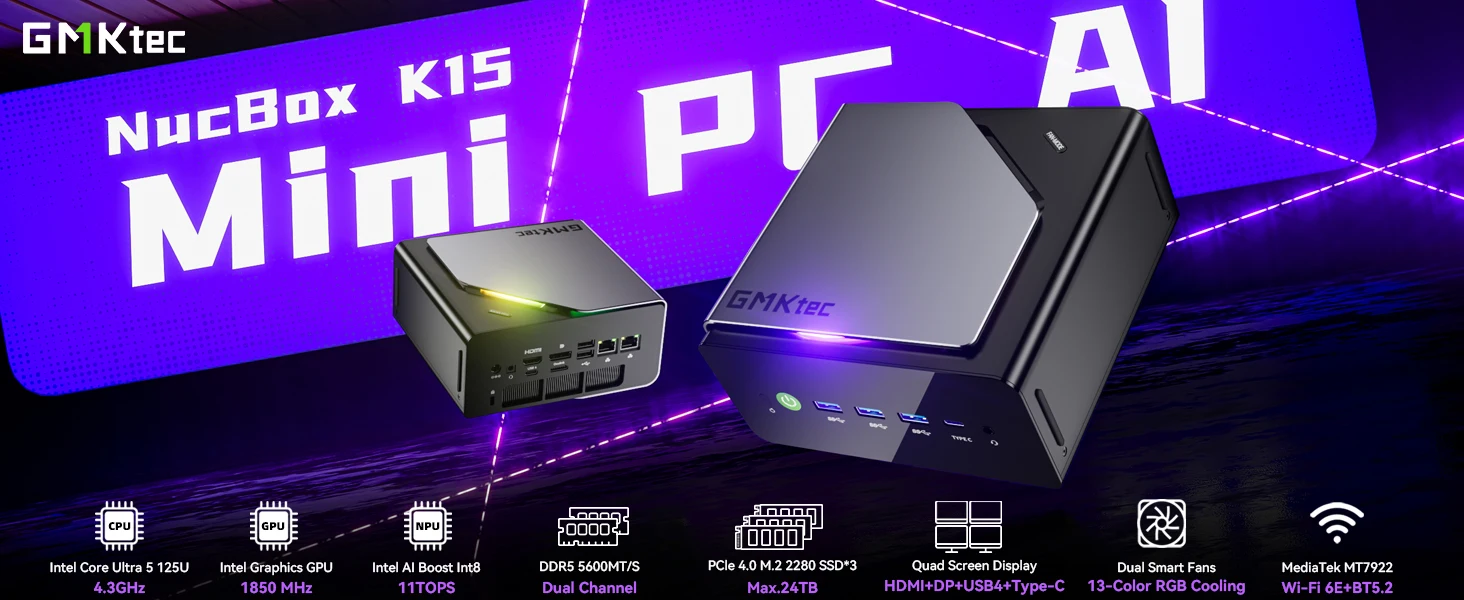 GMKtec K15 Mini PC Intel Core Ultra5 125U AI Barebone NO RAM NO SSD NO OS Support DDR5 NPU WIFI6E BT5.2 Desktop Gaming Computer