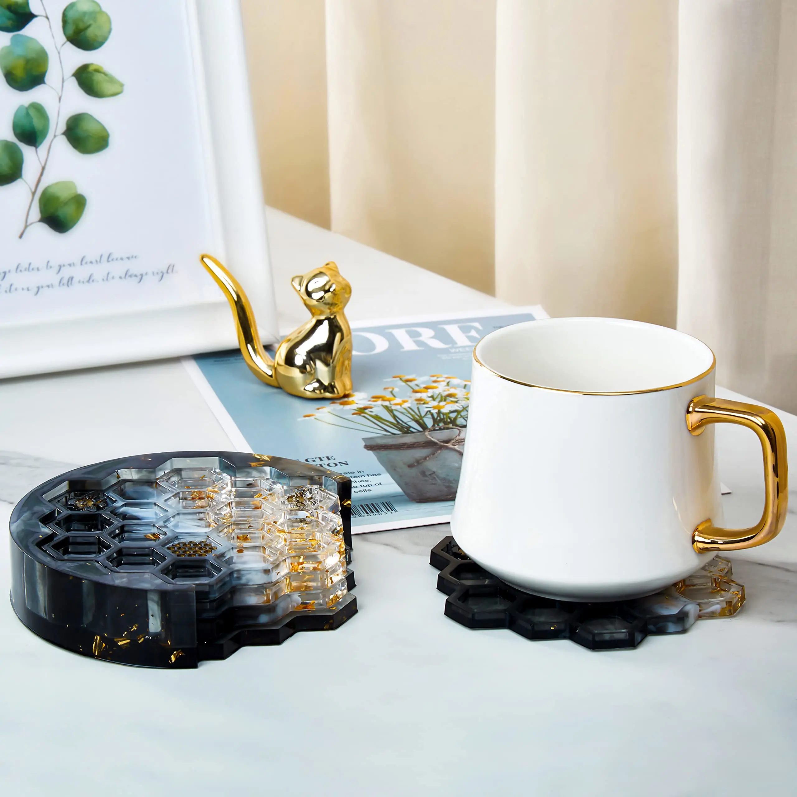 1 Set Of Diy Silicone Coaster Mold, Honeycomb Crystal Drop Resin Coaster With Storage Rack Making Mold