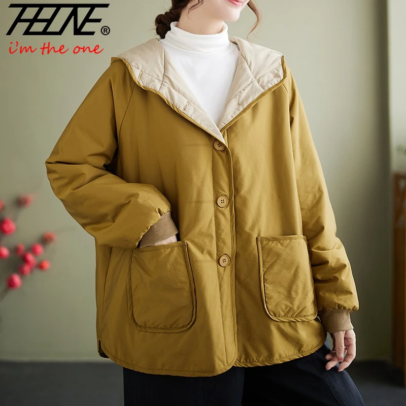 

THHONE New Autumn Winter Jackets Parkas for Women Casual Padded Hooded Loose Fashion Pockets Women's Clothing Top Coat Outerwear