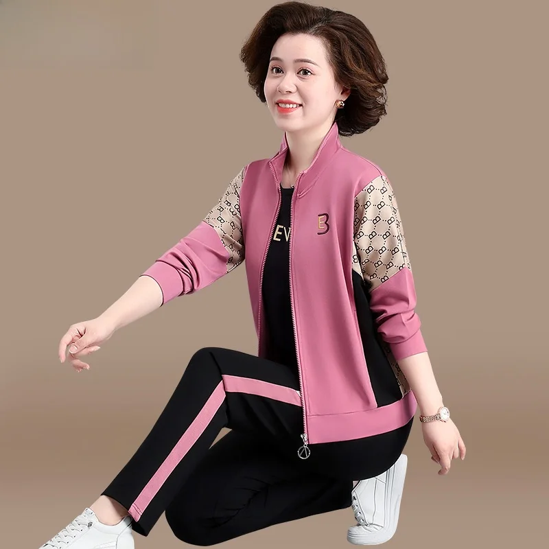 

Спортивный костюм для мам: повседневный комплект из двух предметов для женщин среднего возраста, осенняя верхняя одежда, 40-50 лет, полиэстер, длинные брюки