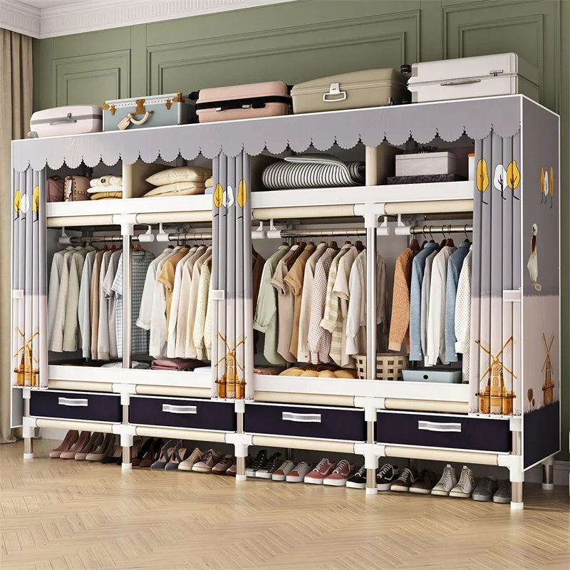 Wardrobe fabric with drawers, simple wardrobe, large double reinforced and thickened steel pipe fabric wardrobe