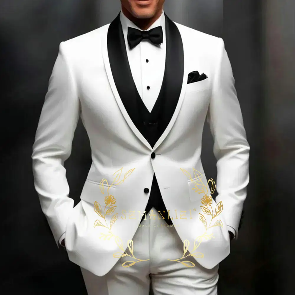 

White Men's Suits Custom 3 Pieces Black Shawl Lapel Tuxedo Groom Wedding Tailored Suit Party Blazer Terno Masculino Costume