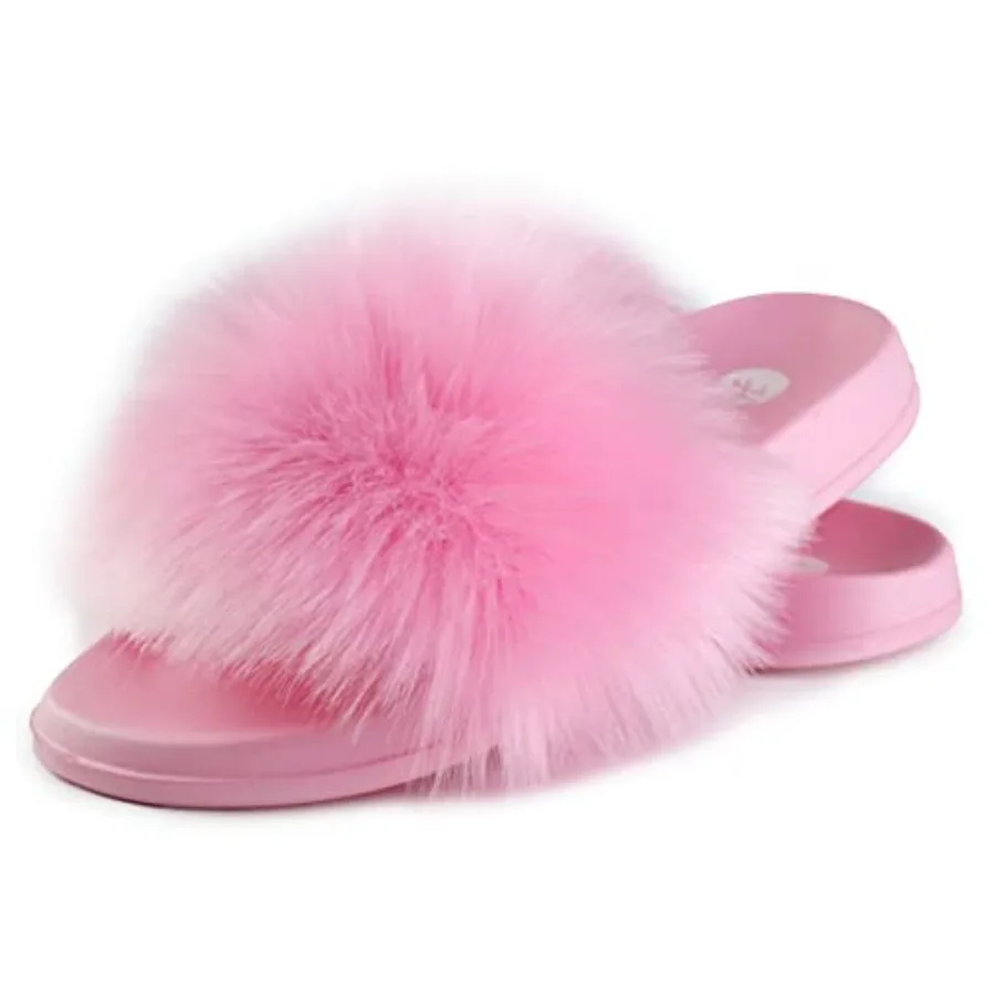 

Women's Faux Fur Slides, Open Toe Cute Fur Slippers, Indoor or Outdoor Comfortable Furry Slide Sandals With Fluffy Fur