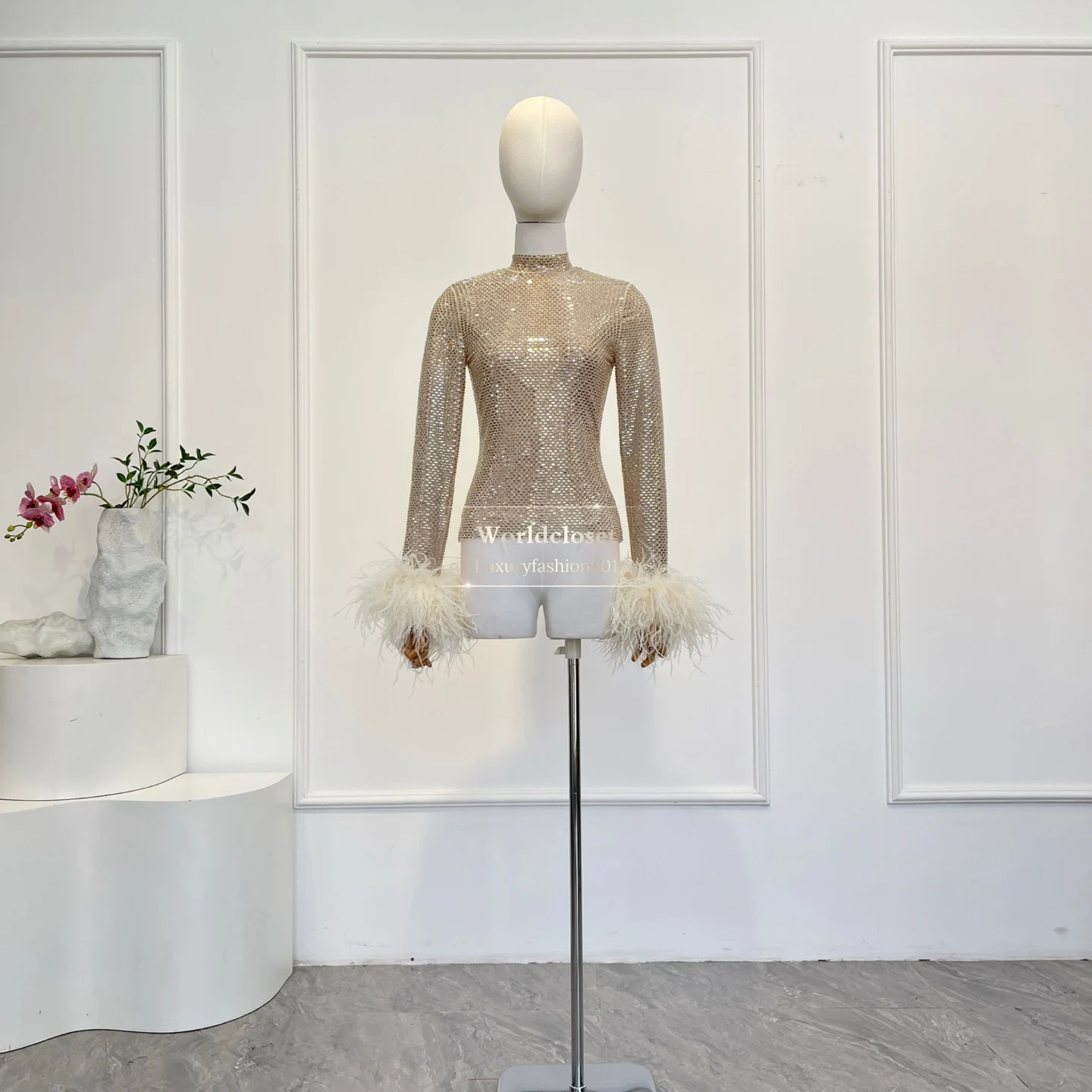 

Mock Neck Champagne Gold Grid Diamond Feather Cuffs Slim Fit Party Evening Blouse