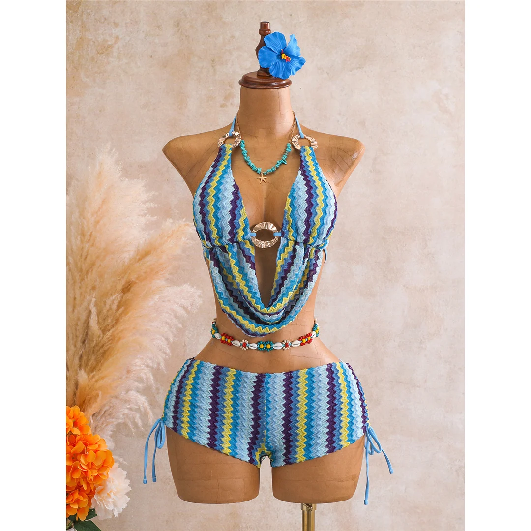 Gestreifter Tankini-Shorts-Bikini, Damen-Badeanzug, zweiteiliges Bikini-Set, gepolsterter Badeanzug, Badebekleidung, Modell V8344. – Detail 11
