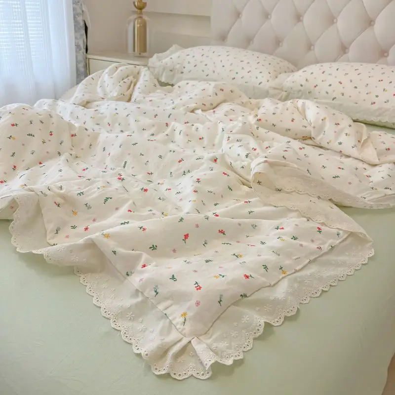 

Aesthetic Lace Trim washed Cotton Bedding Set: 3/4 Piece Dorm Bedding with Fitted Sheet, Cute Minimalist Style
