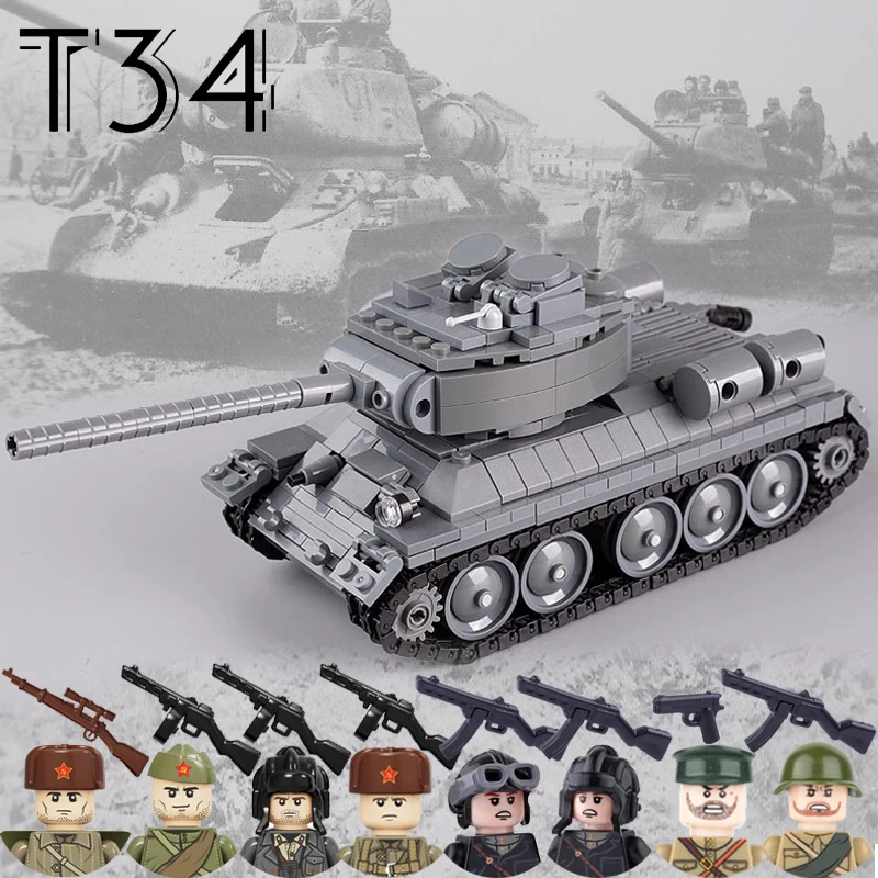 WW2 Military Soviet T34 Battle Tank Building Blocks Soldier Figures Army Weapons Guns PPSH Rifle Parts Mini Bricks DIY Kids Toys