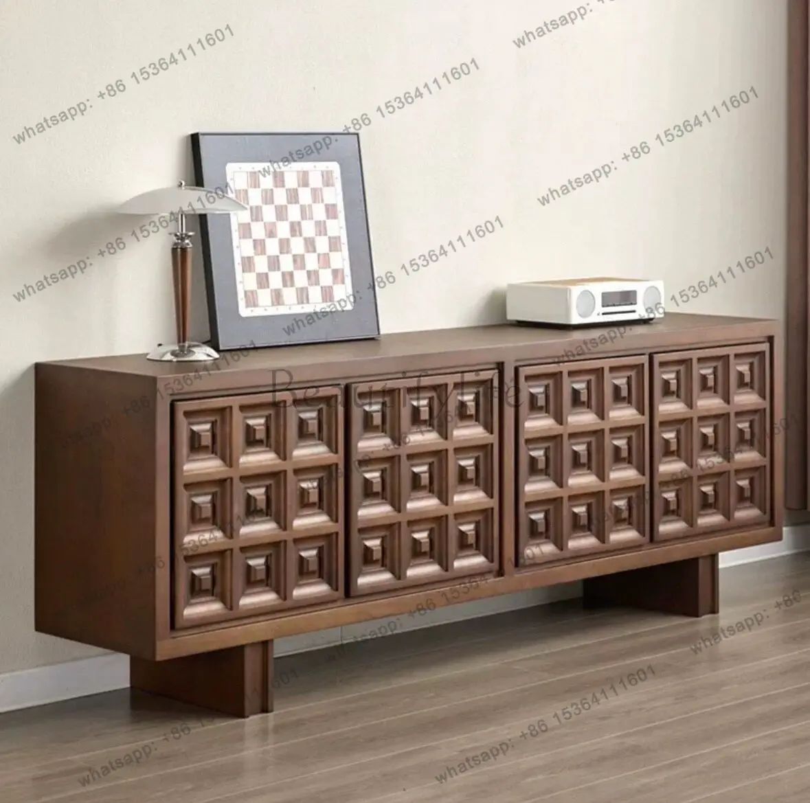 French retro carved solid wood TV cabinet living room multi-function wall large-capacity dining side cabinet
