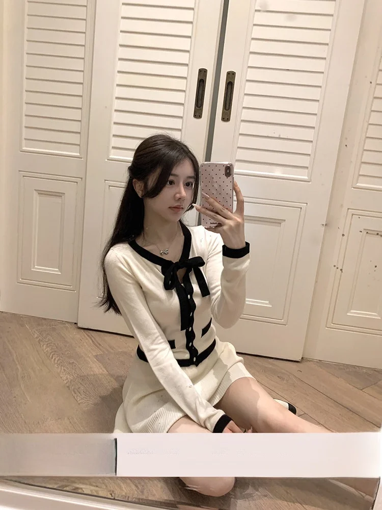 

Scarlett Vintage Color Blo Knitted Sweater with Belt for Young Girls Woolen Top Commute Sle Long Sve round Ne Spring