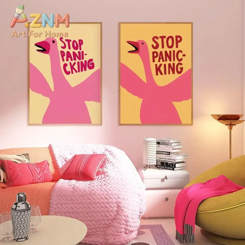 AZNM Stop Panicking Pink Goose Quote Canvas Wall Art, Cute Cartoon Animal Text Print Poster, Unframed Canvas Painting for Bedroo