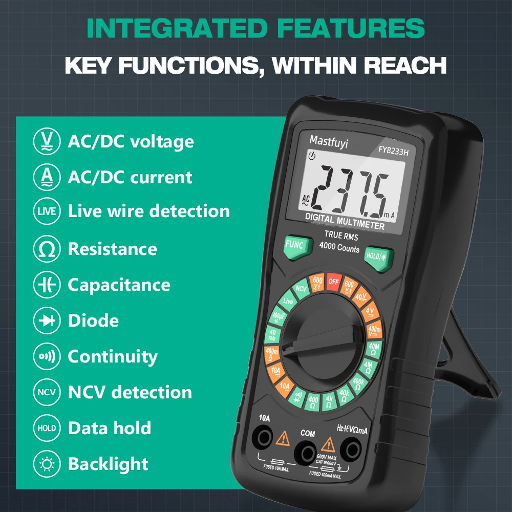 MASTFUYI Digital TRUE RMS 4000 Counts Multimeter with NCV Detection, Backlight Compact Portable Tester with Overload Protection